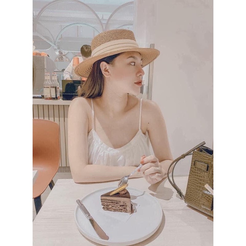 Mũ cói vành phối lụa