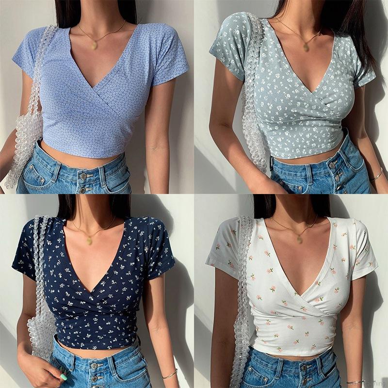 Áo thun thân ngắn tay dài cổ chữ v in họa tiết hoa phong cách retro xinh xắn cho nữ