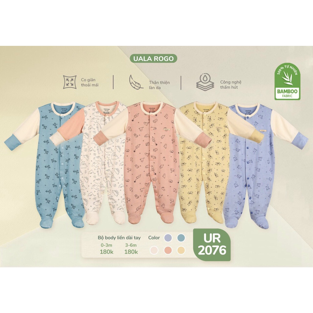 UR 2076.Bodysuit kèm bao tay chân sơ sinh Ualarogo 0-6 tháng vải sợi tre Bamboo cúc giữa mềm mát co giãn