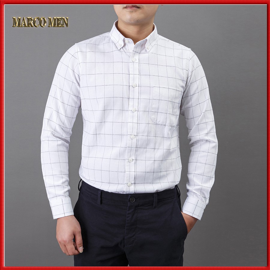 Áo sơ mi nam dài tay dáng Regular fit kiểu hàn quốc kẻ caro trắng vải Oxford thấm hút mồ hôi, chống nhăn CARO002