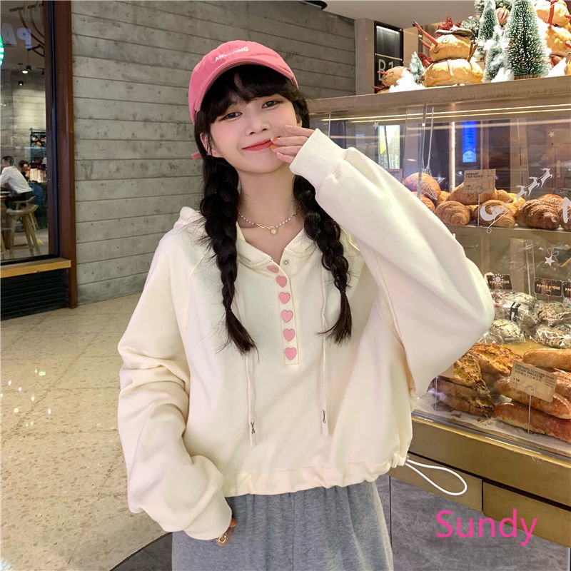 Áo Hoodie Dài Tay Dáng Rộng Eo Cao Phối Dây Rút Thời Trang Mùa Thu Hàn Quốc Dành Cho Nữ