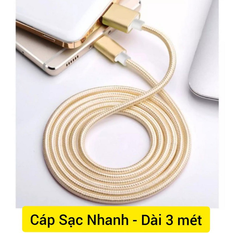 Dây sạc bọc vải dù dài 3m dành cho Iphone, SamSung- Hỗ trợ sạc nhanh_ MÀU VÀNG