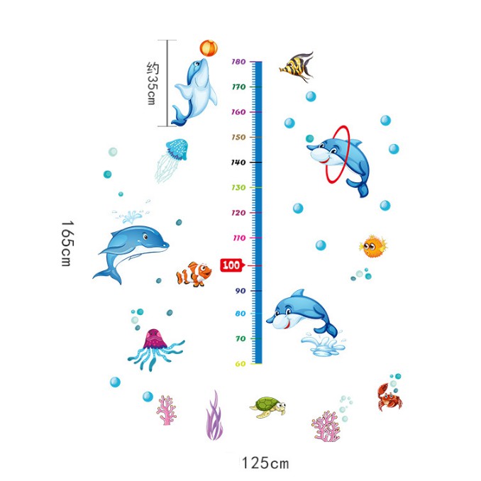 Decal trang trí thước đo cá heo xanh