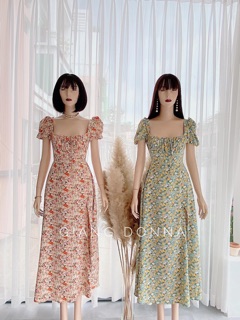 Đầm Hoa Nhún Ngực Xẻ Tà