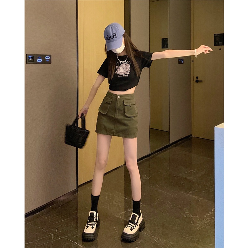 QADCOL Set Áo Thun Ngắn Tay Cổ Tròn + Chân Váy Jeans Chữ A Thời Trang Nữ Mới