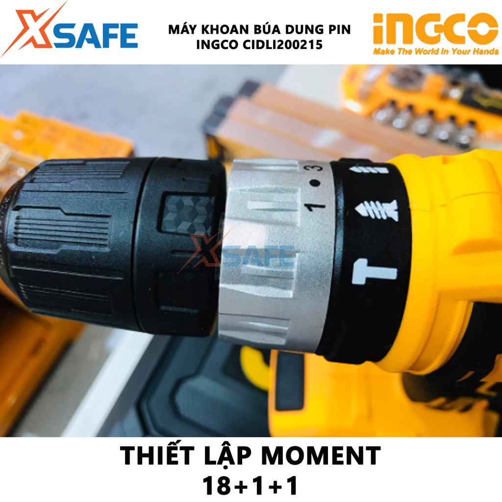 Máy khoan bê tông dùng pin 20V INGCO CIDLI200215 nhông hai tốc độ 400-1500v/p, lực đập 22500v/p, có đèn làm việc