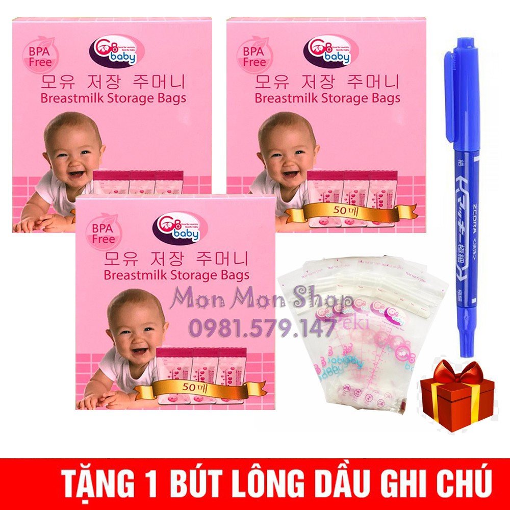 Combo 3 hộp 50 túi trữ sữa GB Baby 250ml (Tặng 1 bút ghi)