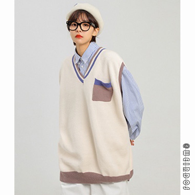 Áo len không tay phối màu tương phản phong cách vintage Nhật Bản