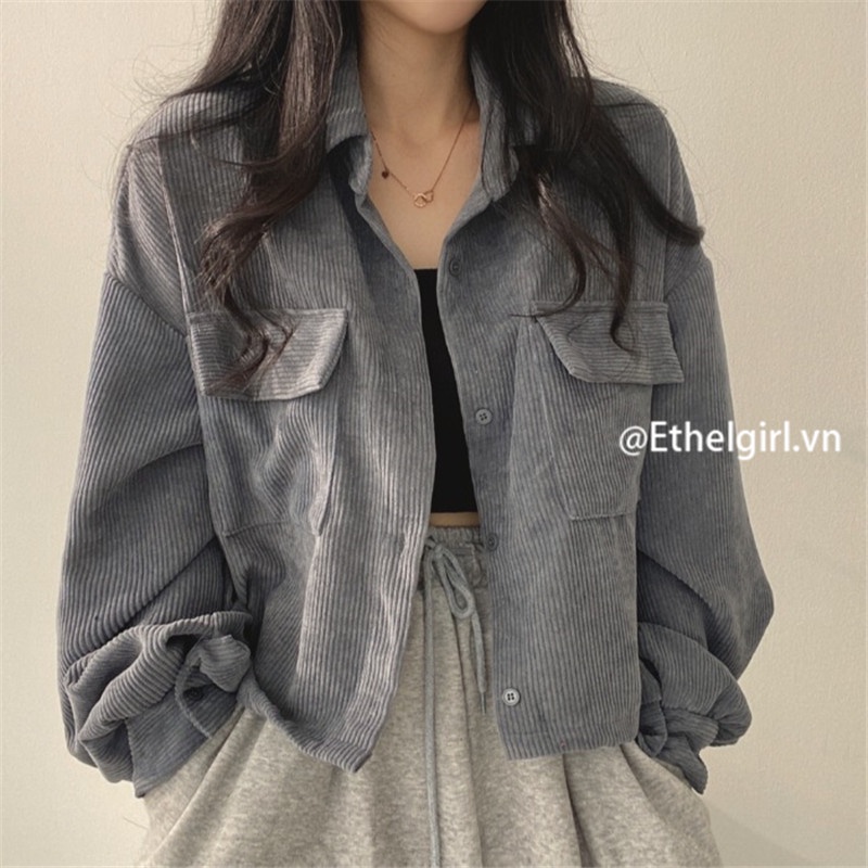 Áo Sơ Mi Tay Dài Dáng Rộng Vải Nhung Mỏng Kiểu Vintage Hàn Quốc Dễ Phối Đồ