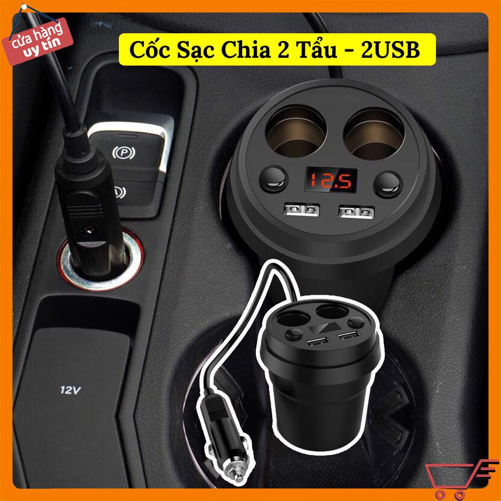 Cốc Sạc Chia 2 Đầu Tẩu Và 2 Cổng USB - Hiển Thị Điện Áp Xe