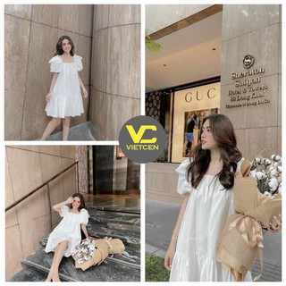 Đầm babydoll trắng tay phồng VIETCEN váy tiểu thư dự tiệc cổ vuông chất đũi lụa mềm mát
