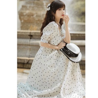 Đầm bi trắng cổ vuông form dài, váy dạo phố, váy du lịch xuongvnxk vnxk