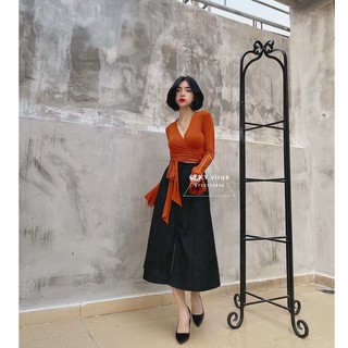 Crop tay dài loe cột bụng