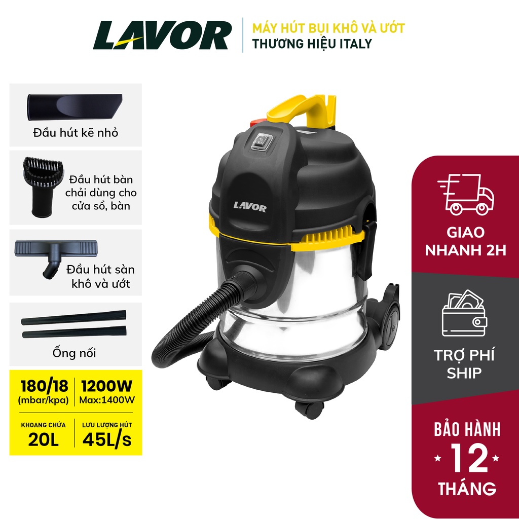 Máy hút bụi khô và ướt 1800W, 20 Lít  LAVOR LVC20XS (Thương hiệu Italia)-  bảo hành 1 năm