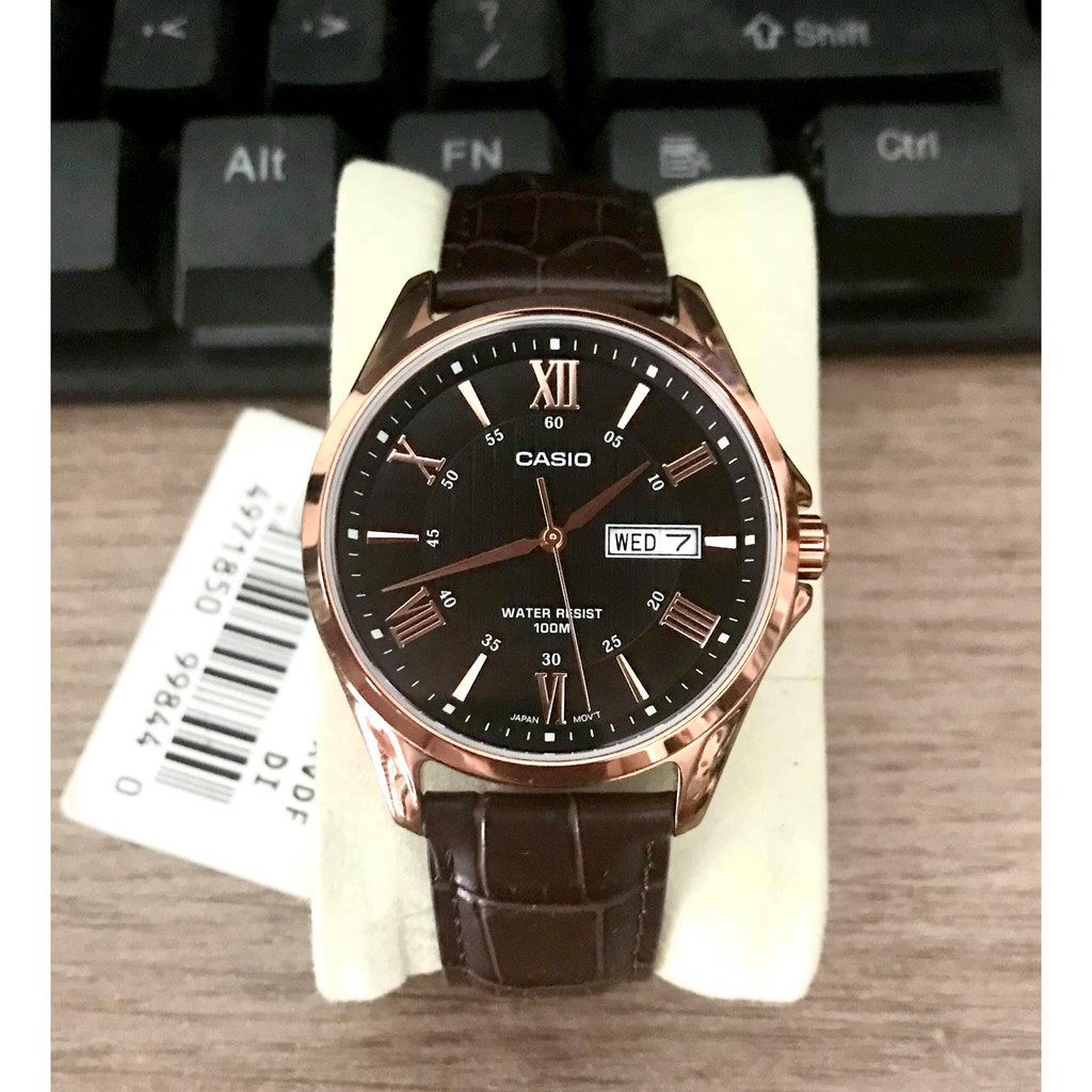 Đồng hồ nam chính hãng CASIO MTP 1384L-1AV dây da đen mặt đen viền goldrose 41mm giá rẻ