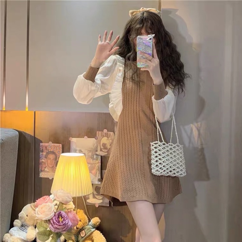 Váy len phối tay voan trắng ulzzang