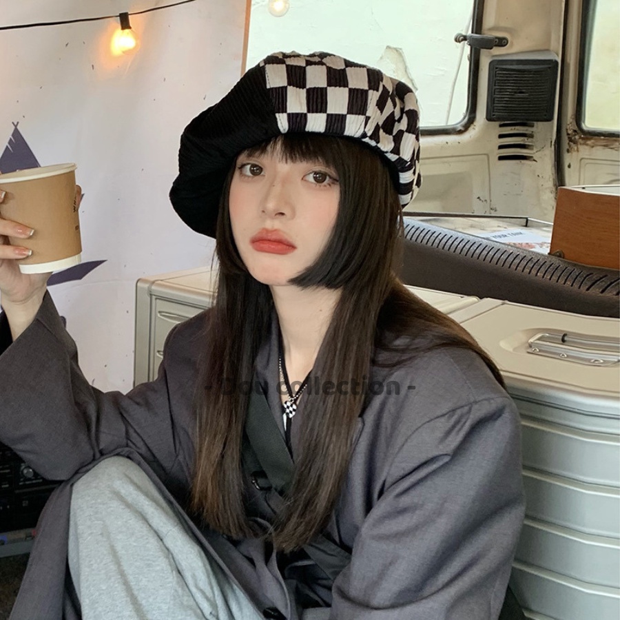 [Nowship2h] Mũ Beret (Mũ Nồi) Họa Sĩ Cao Cấp Họa Tiết Caro &amp; Sọc Trắng Đen Hottrend Phong Cách Hàn Quốc - Mã NV037