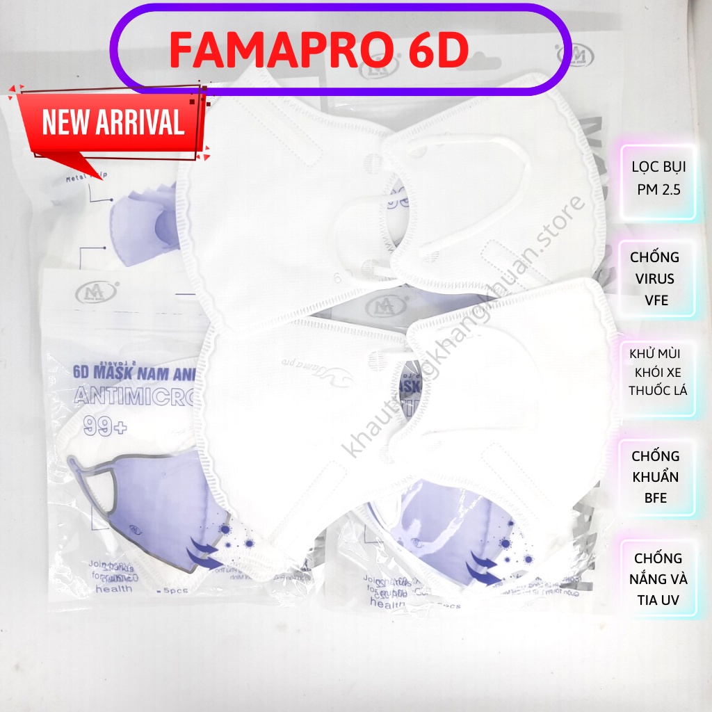 Khẩu trang 6D Famapro [Mẫu mới nhất], Khẩu trang trắng, chống bụi siêu mịn, 99% kháng khuẩn, form đẹp, ôm sát.