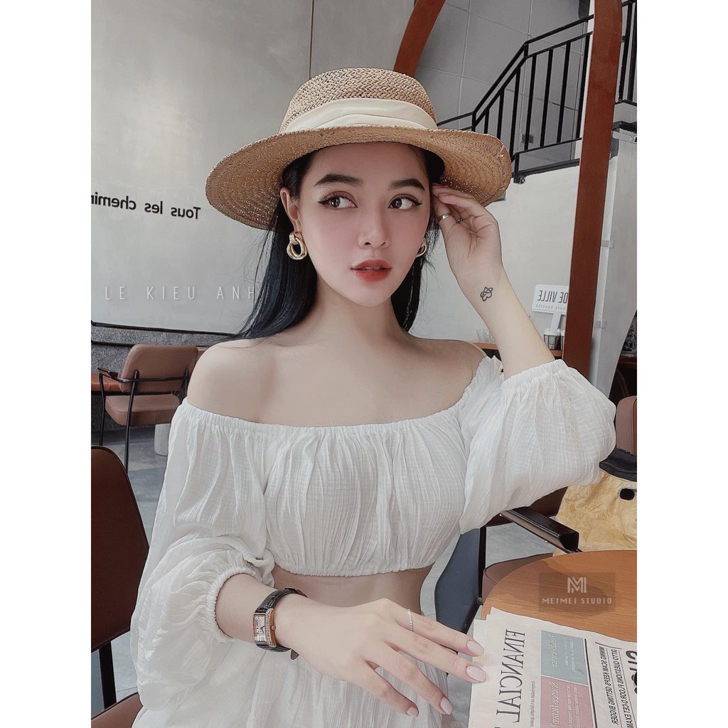 Set Croptop Trễ Vai Quần Suông Thụng Đi Biển Siêu Hot