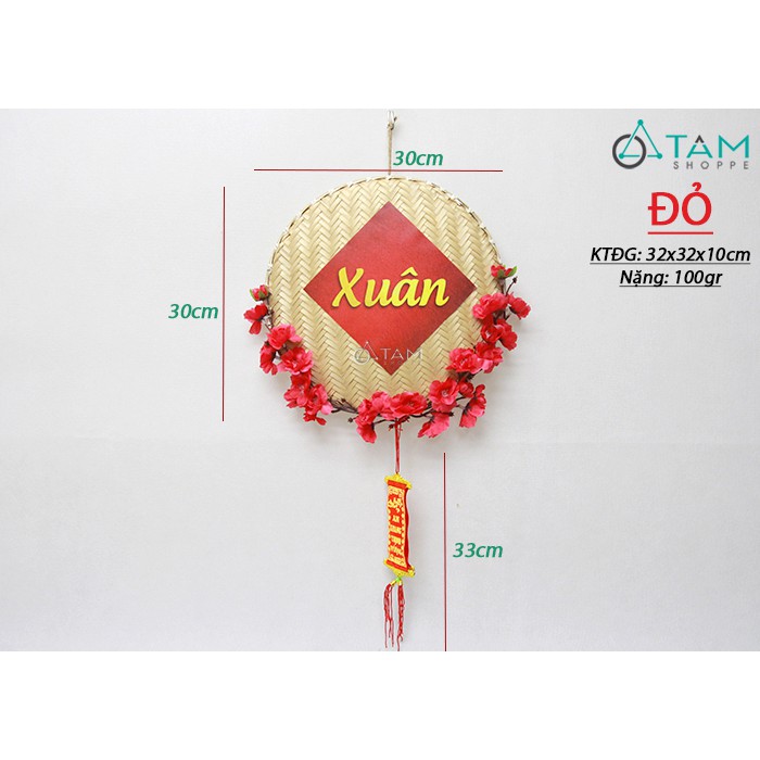 [HANDMADE DÀY ĐẸP]  Vòng treo cửa Tết mẹt tre hoa đào các màu ĐK 30cm T-VTC-10