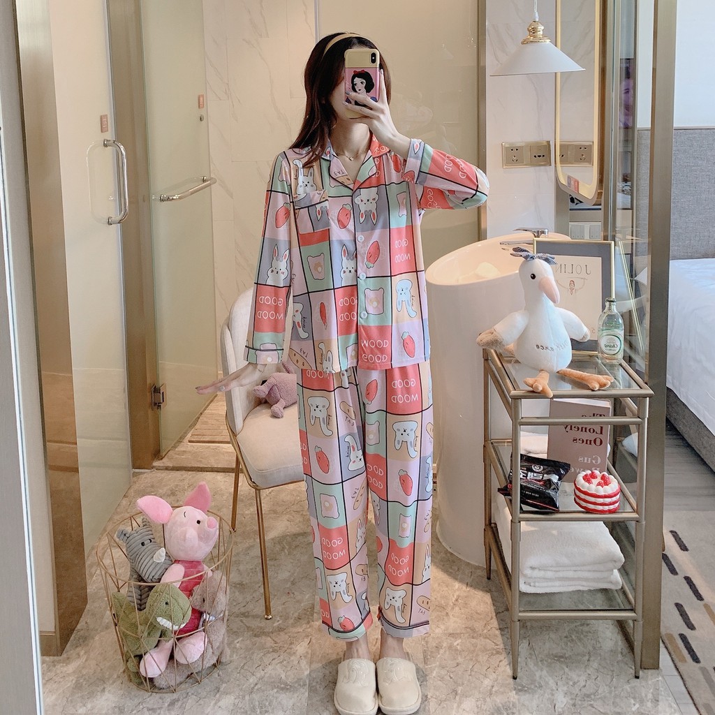 Bộ Pijama dài tay bộ ngủ phong cách Hàn quốc chất dày dặn không nhăn nhiều mẫu 1