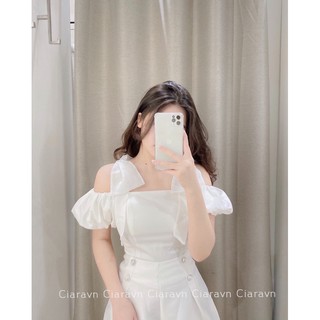 Áo tay bồng nơ vai (đen/trắng)