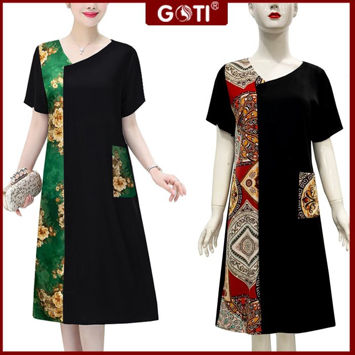 GOTI - Đầm Trung Niên Cao Cấp Dáng Suông Xòe Nhẹ Chữ A Tay Ngắn Dài Qua Gối Tặng Mẹ U50-60 3326 3328