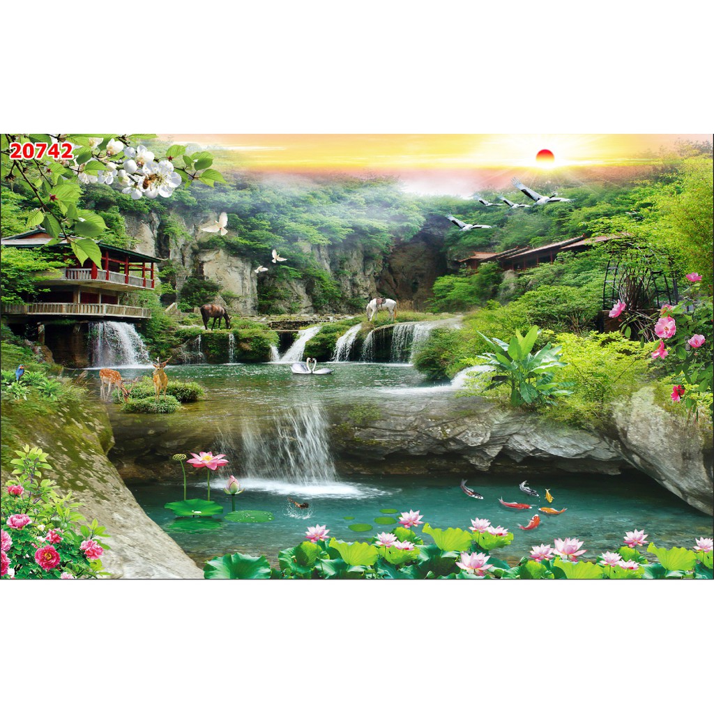 Tranh dán tường 3d phong cảnh thiên nhiên trang trí phòng khách chất liệu decal pp keo sẵn bóc dán atk2