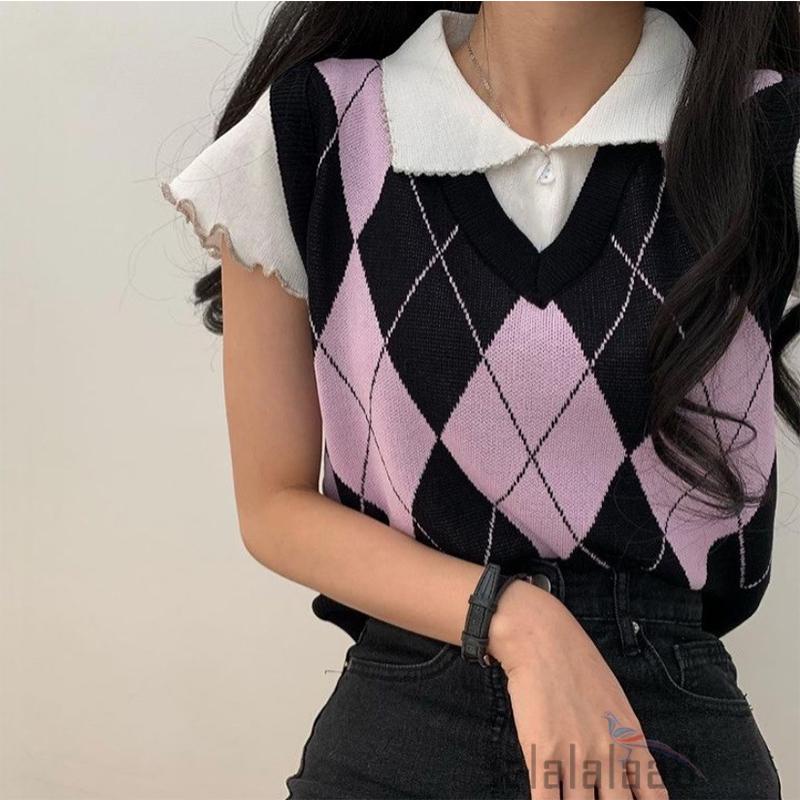 Áo Dệt Kim Sát Nách Cổ Chữ V In Họa Tiết Hình Thoi Cho Nữ 8 Tuổi