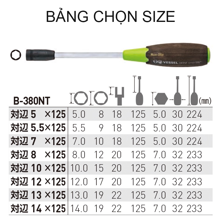 Tô vít đầu vặn bulong cán gỗ chống trượt No.B-380NT Vessel (Nhật Bản)
