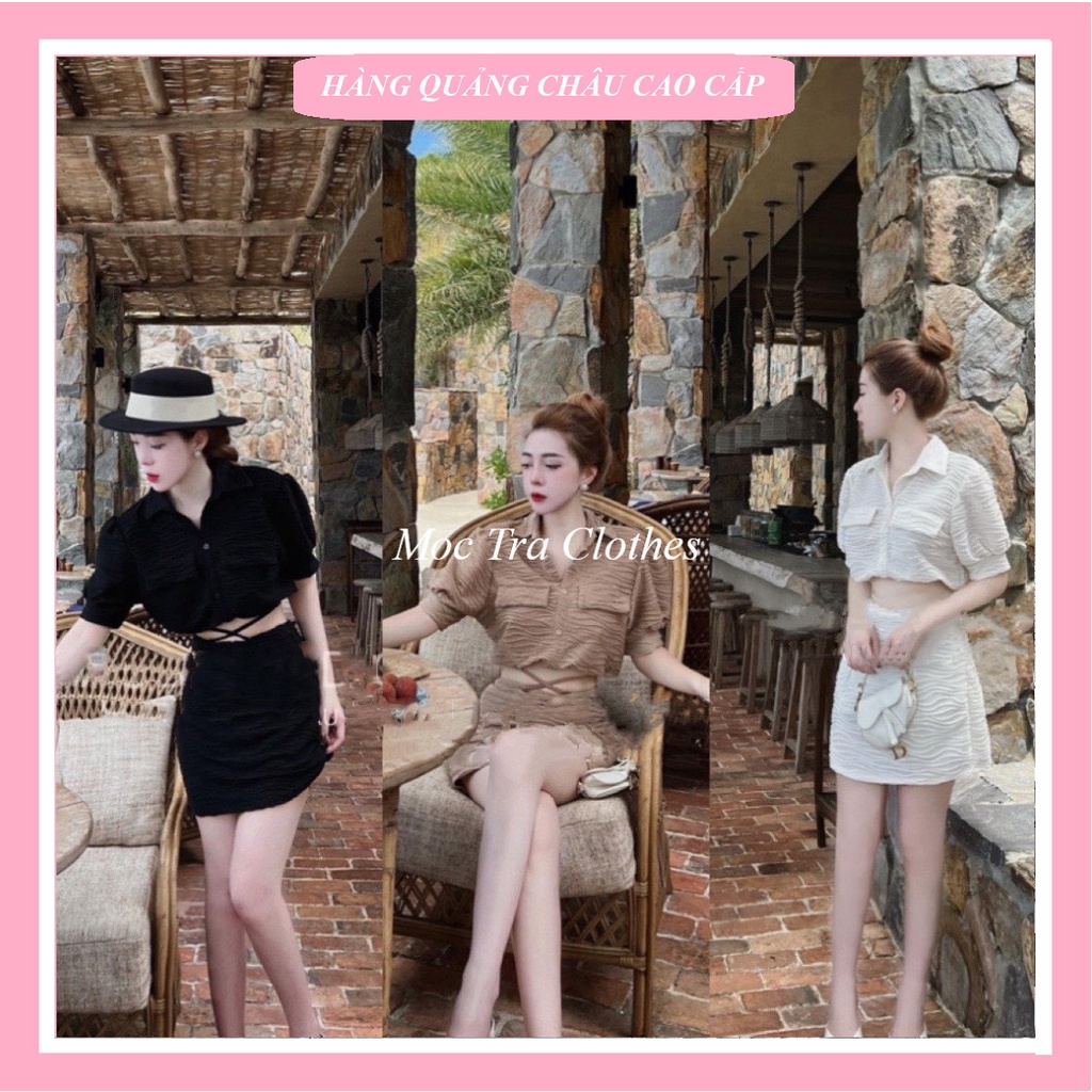 Set áo váy nữ Quảng Châu thiết kế gồm áo croptop cộc tay và chân váy ngắn 2 lớp siêu xinh
