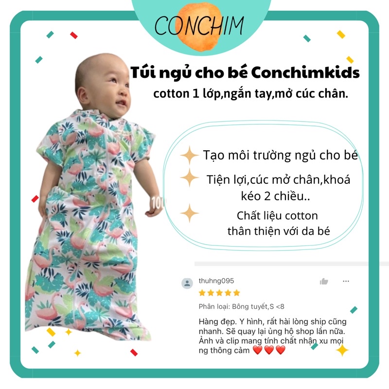 Túi ngủ cho bé mùa hè 1lớp cotton Conchimkids.Ngắn tay,có cúc mở chân (12 mẫu)