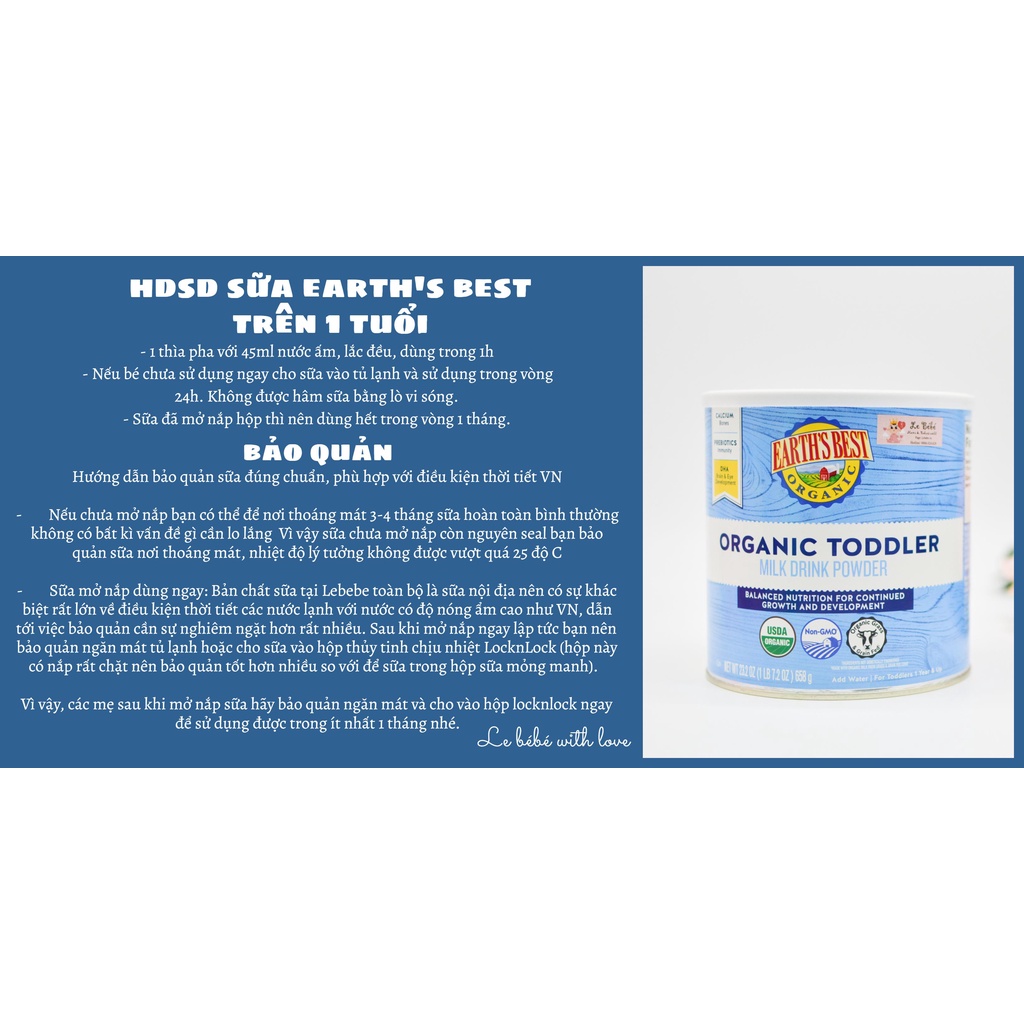 Sữa bột Earth’s Best Organic Toddler Formula cho bé ( Hộp 595gr) mẫu mới