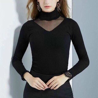 Áo len cổ cao nữ phối ren màu đen giữ nhiệt mùa đông - ao giu nhiet co cao mau den_tienichhay
