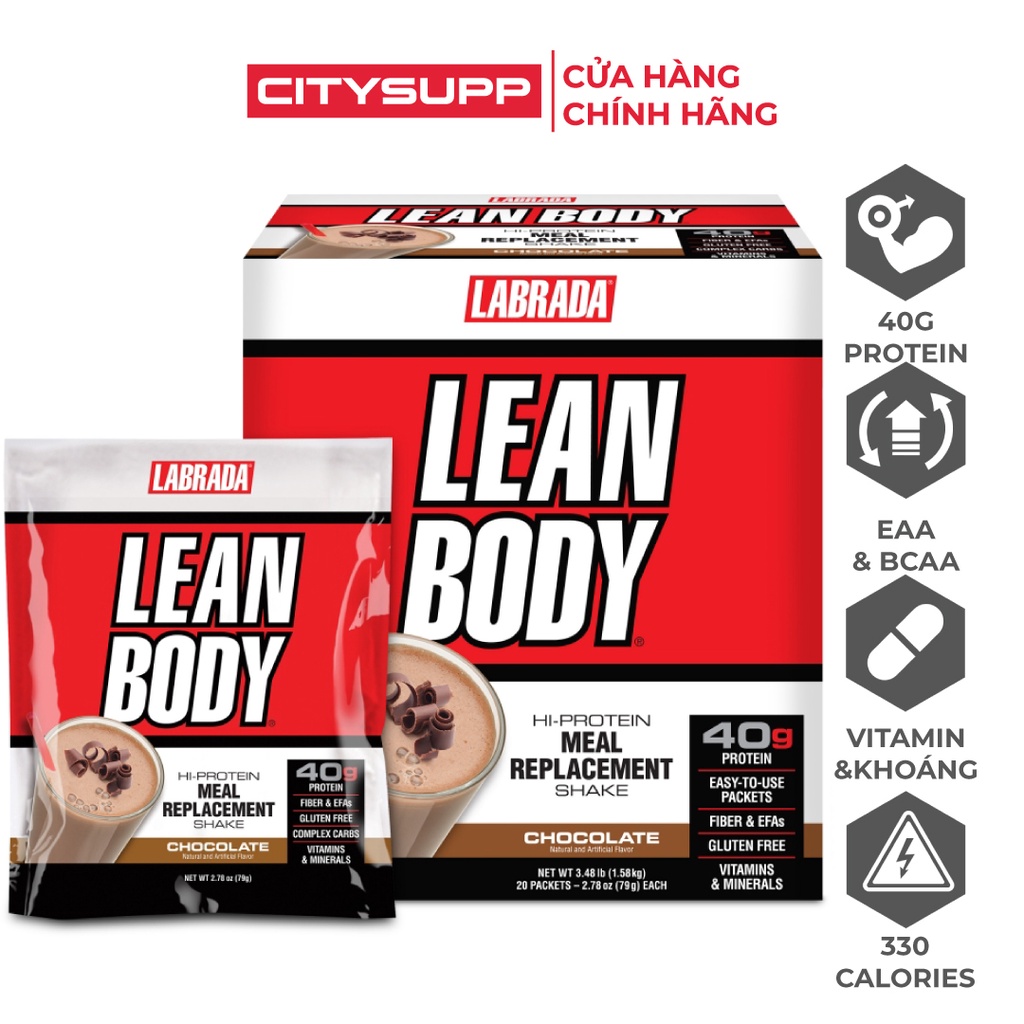 Labrada Lean Body (Set 20Gói), Sữa Thay Thế Bữa Ăn, 40g Whey Protein, Tinh Bột &amp; Chất Xơ, 22 Vitamin Khoáng Chất