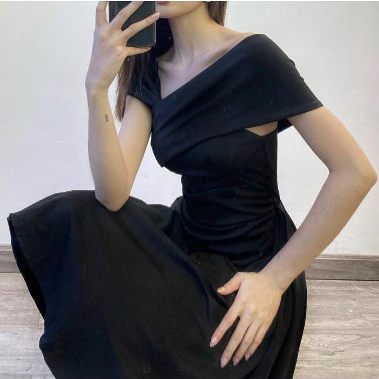 [Ảnh thật] Đầm thun midi lệch vai