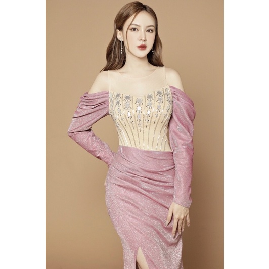 Đầm dạ hội rớt vai tay dài đính đá gương cao cấp