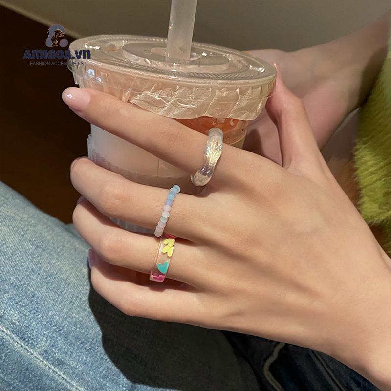✨✨Bộ 3 Nhẫn Acrylic Trong Suốt Đính Hạt Hình Trái Tim Nhiều Màu