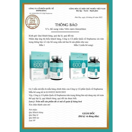 Viên uống trắng da Glutathione 600 Dr. Lacir giảm thâm nám, cân bằng nội tiết tố [ CHÍNH HÃNG-GIÁ SỈ SỐC]