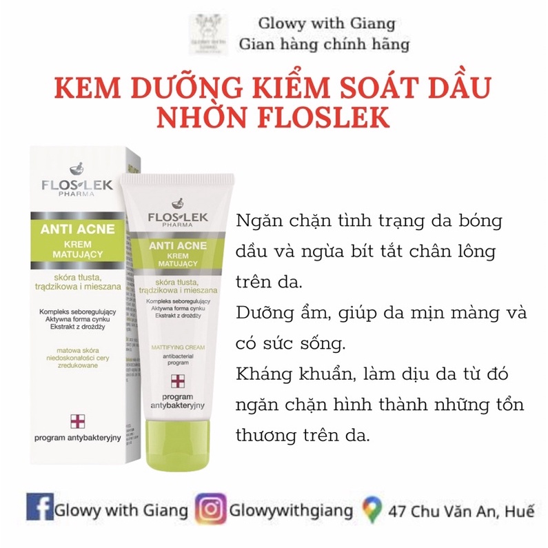 Kem kiểm soát dầu và điều tiết nhờn Floslek Anti Acne Mattifying Cream 50ml