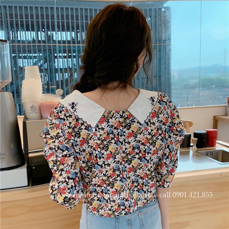 Áo sơ mi Hoa, Cổ Búp Bê Phong Cách Retro Hàn Quốc