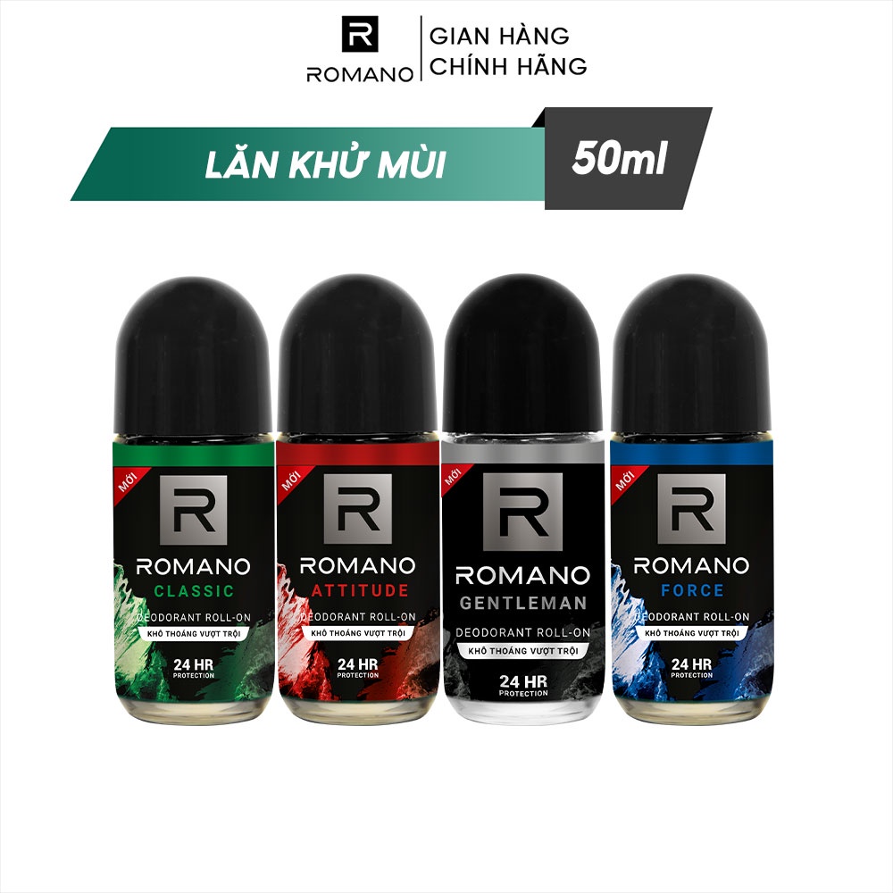 Lăn khử mùi nam Romano 50ml kháng khuẩn &amp; khô thoáng cả ngày