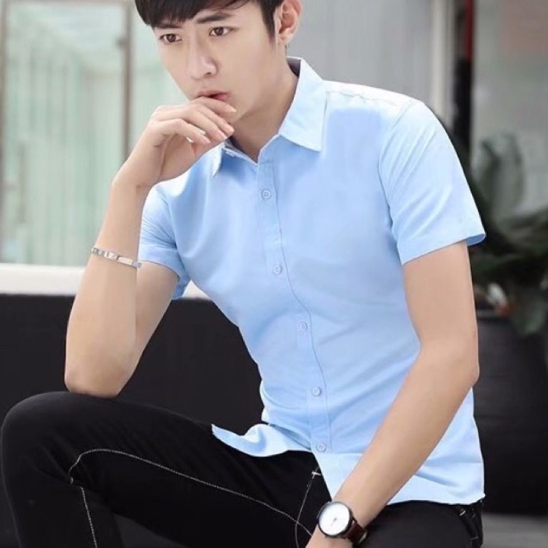 Áo sơ mi Hàn Quốc ngắn tay màu xanh lam phong cách Hàn Quốc form dáng đẹp