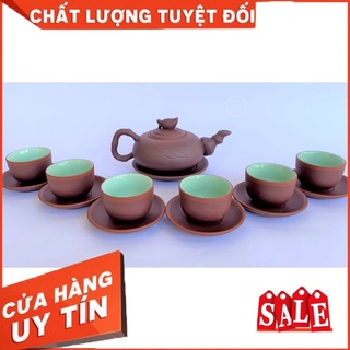Bộ ấm trà gốm tử sa Bát Tràng dáng Trúc Đào nâu chỉ đỏ