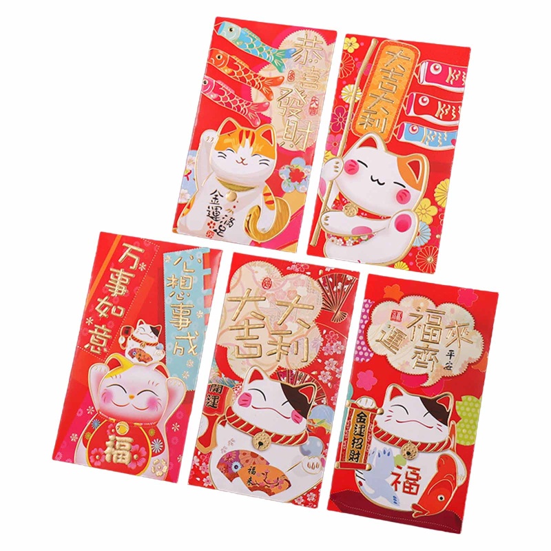 Set 5 bao lì xì năm mới 2022 màu đỏ phong cách truyền thống Trung Hoa