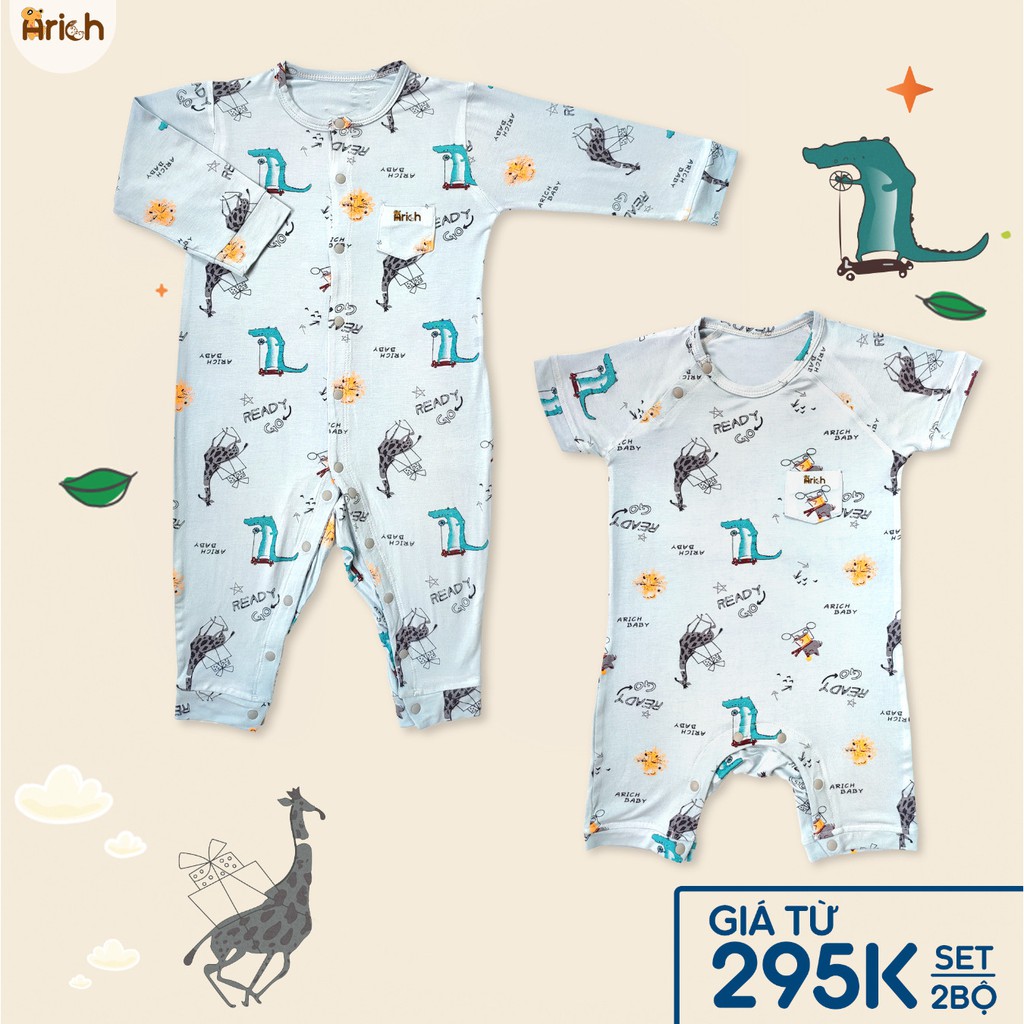 Body dài họa tiết hươu xám Arich vải sợi tre ( size 0 đến 18 tháng)