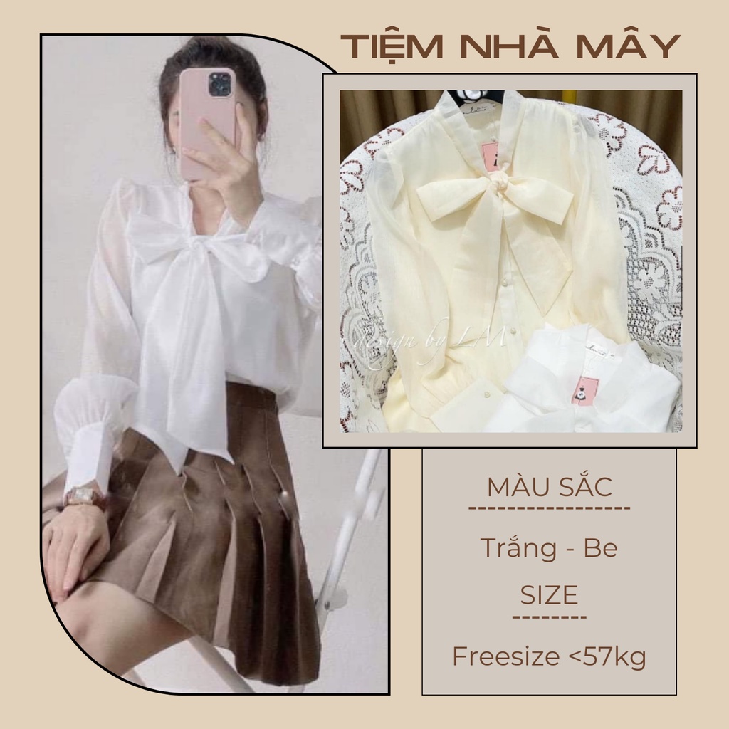 Áo Sơ Mi Nữ Voan Tơ Tay Phồng Buộc Nơ Xinh, Áo Sơmi Trắng Công Sở Nhẹ Nhàng Sm102