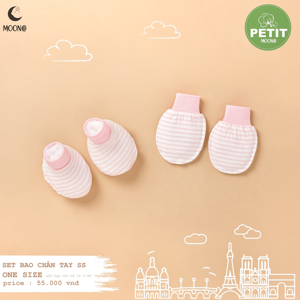 Mũ Bao tay Bao chân MOON vải petit mềm mỏng hình gấu kẻ bé sơ sinh 0-3M