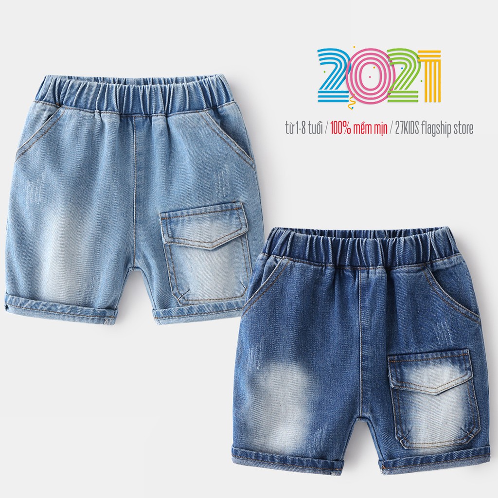 Quần Jean cho bé WELLKIDS quần short Jean họa tiết túi hộp chất bò mềm hàng xuất Âu Mỹ