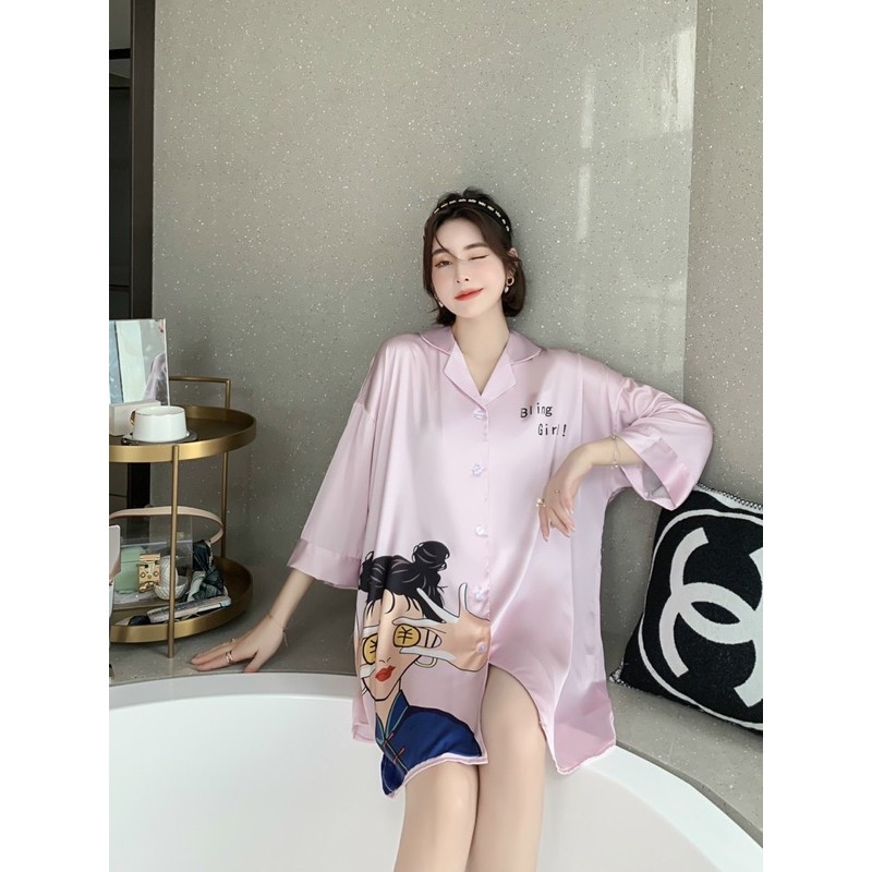 [Cao Cấp] Đầm Ngủ Pajamas Sơ Mi Phom Rộng Phi Lụa Cao Cấp, Đầm Sơ Mi Lụa Satin Mịn Mát &amp; Ít Nhăn (3 mẫu)